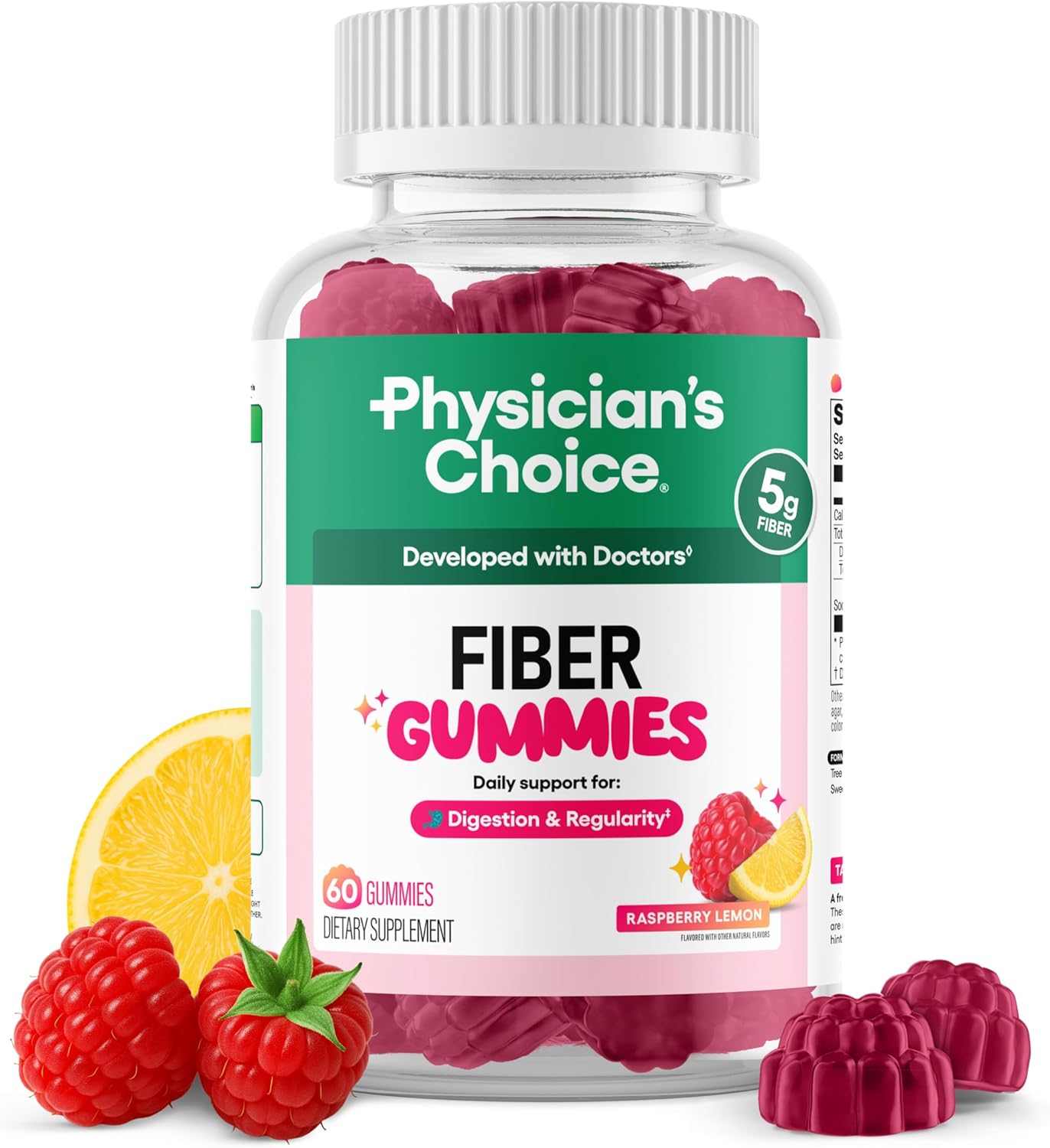 Physician’s Choice Fiber Gummies for Digestive Health & Regularity - Raspberry Lemon Flavor - No Sugar Added & Vegan - Natural Chicory Root Prebiotic Fiber - Daily Gummy for Adults, Women & Men - 60CT