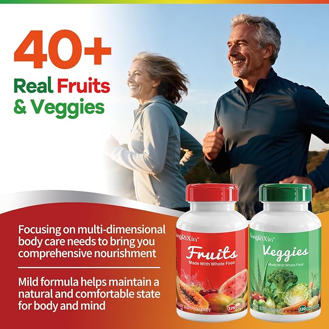 Fruits and Veggies Supplements, Whole Fruit and Vegetable Ingredients for Women, Men, and Kids - 120 Fruits Capsules, 120 Veggies Capsules - 2 Sets