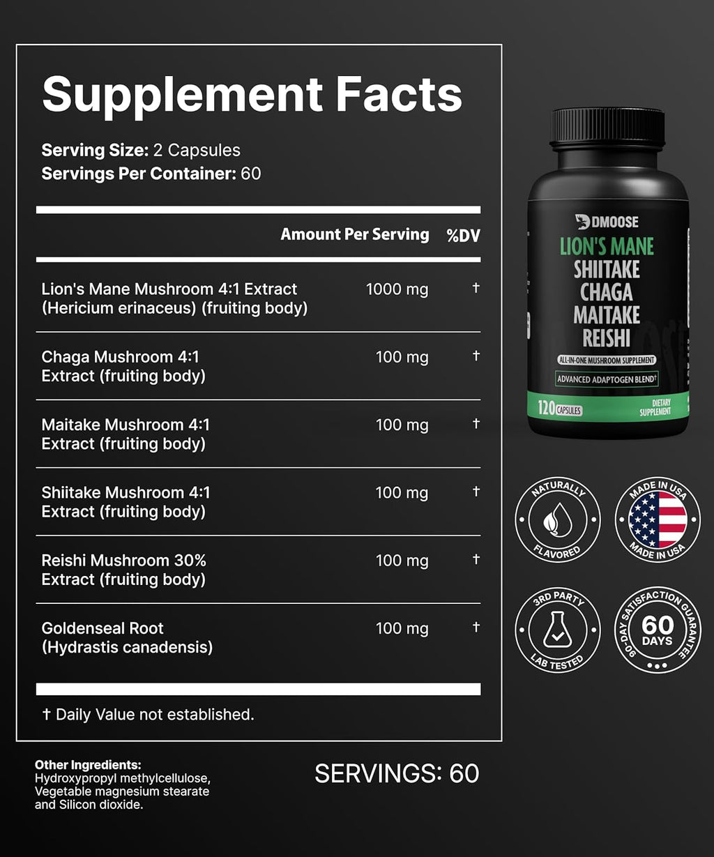 Lions Mane Mushroom Complex - 5300 mg Adaptogenic Blend for Memory, Focus and Immune Support - 5 in 1 Lionsmane, Chaga, Maitake, Shiitake and Reishi Extract - Nootropic Mushroom Supplement Capsules