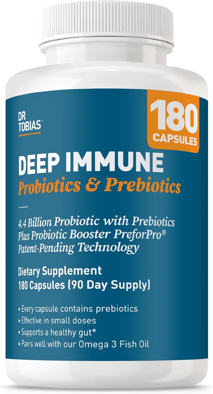 Dr. Tobias Deep Immune Probiotics & Prebiotics - Dual Action Digestion & Immune Support with PreforPro Prebiotics & Spore Forming Probiotics for Women & Men - 180 Capsules (90 Servings)