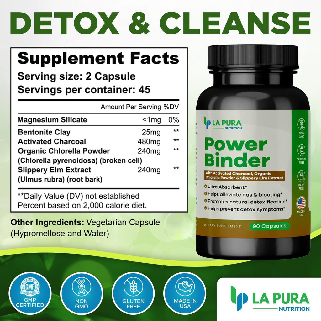 LaPura Power Binder Blend – Detox & Cleanse with Activated Charcoal, Organic Chlorella Powder & Slippery Elm Extract – Helps Alleviate Gas & Bloating – Promotes Natural Detoxification - 90 Capsules