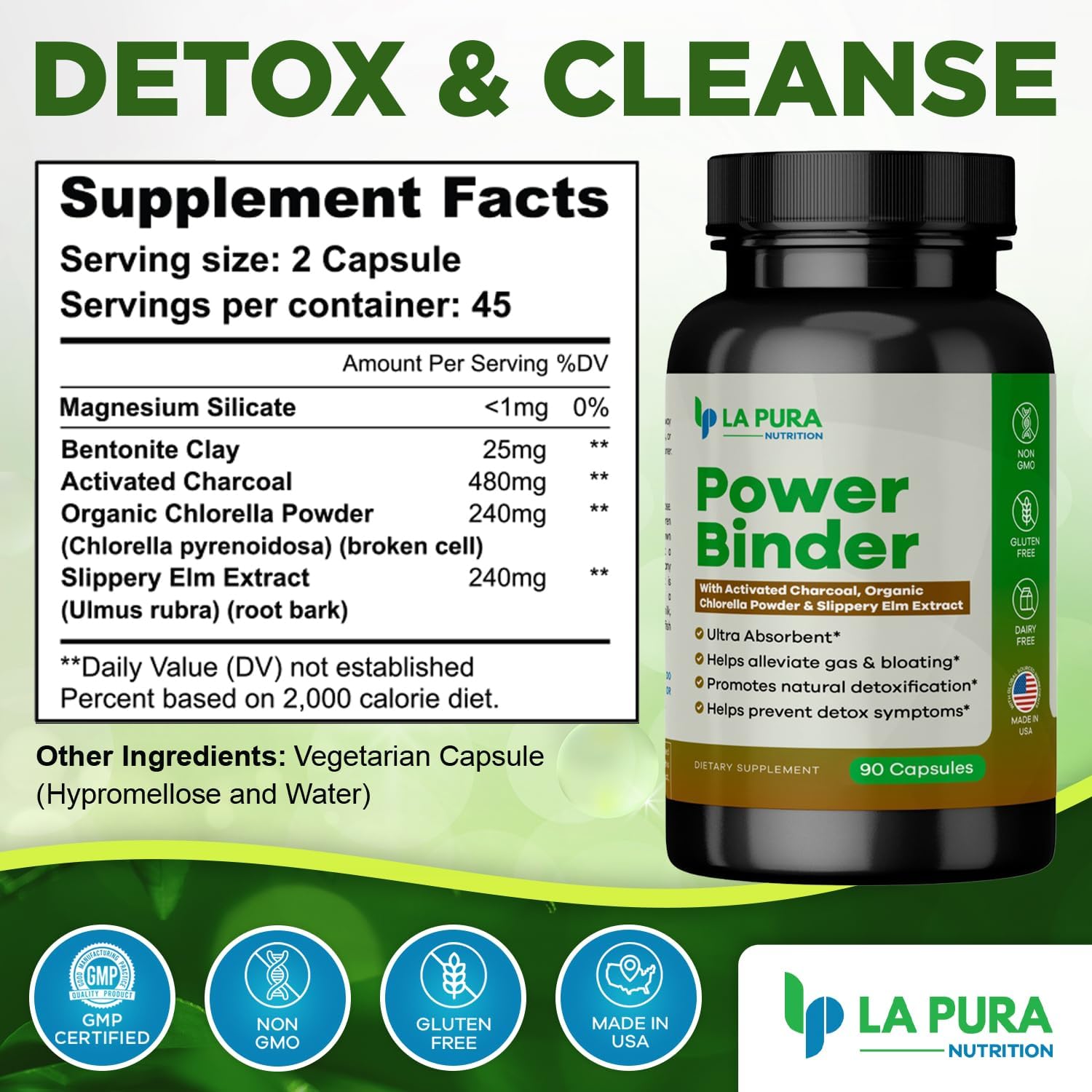 LaPura Power Binder Blend – Detox & Cleanse with Activated Charcoal, Organic Chlorella Powder & Slippery Elm Extract – Helps Alleviate Gas & Bloating – Promotes Natural Detoxification - 90 Capsules