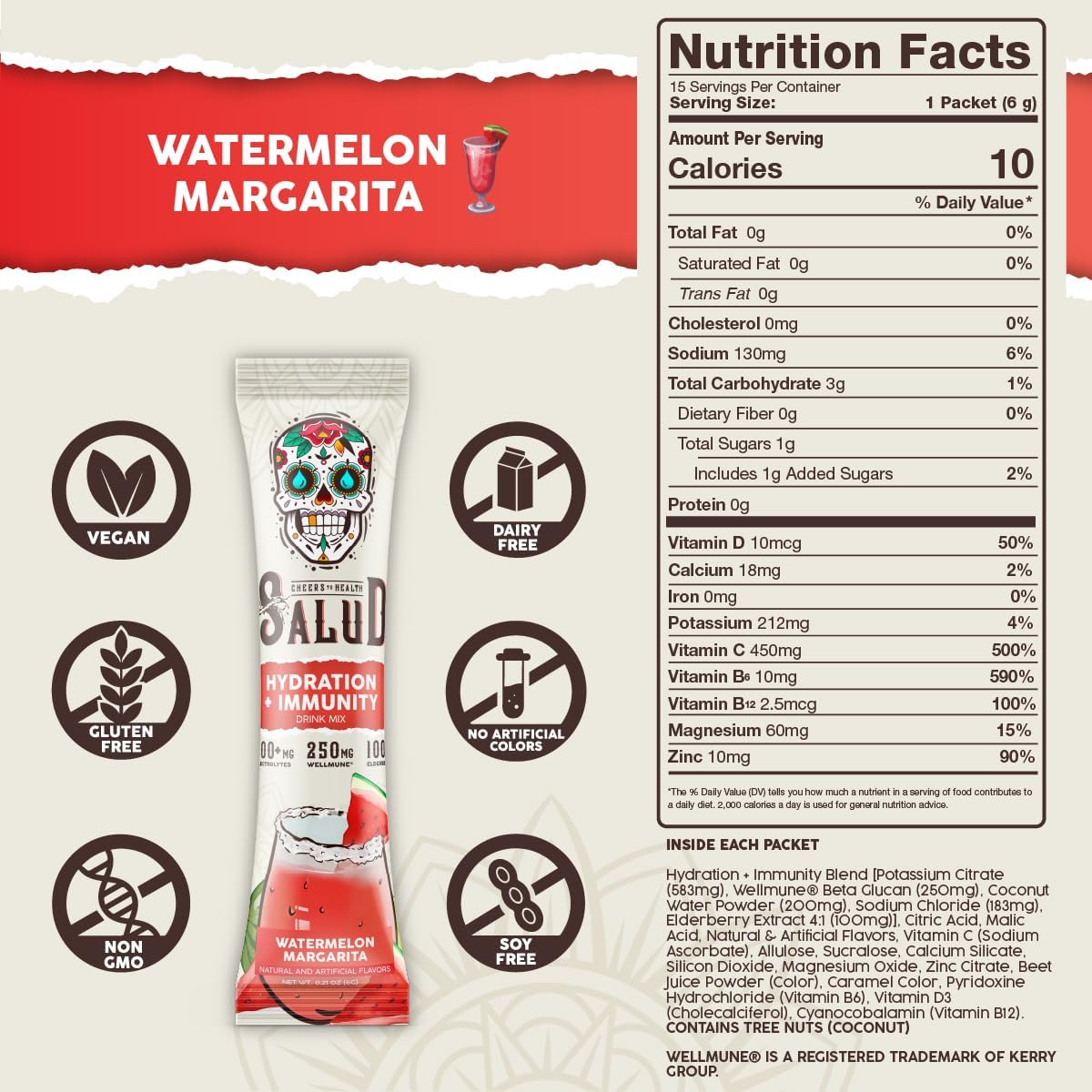 Salud 2-in-1 Hydration and Immunity Electrolytes Powder, Watermelon Margarita - 15 Servings, Agua Fresca Drink Mix, Elderberry, Dairy & Soy Free, Non-GMO, Gluten Free, Vegan, Low Calorie, 1G Sugar
