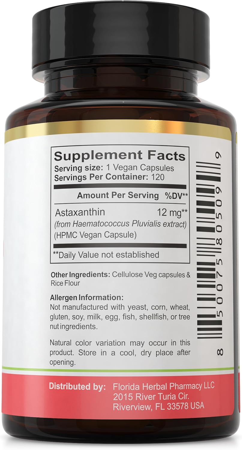 Florida Herbal Pharmacy, Astaxanthin 12 mg Capsules (120 Capsules) Pack of 1