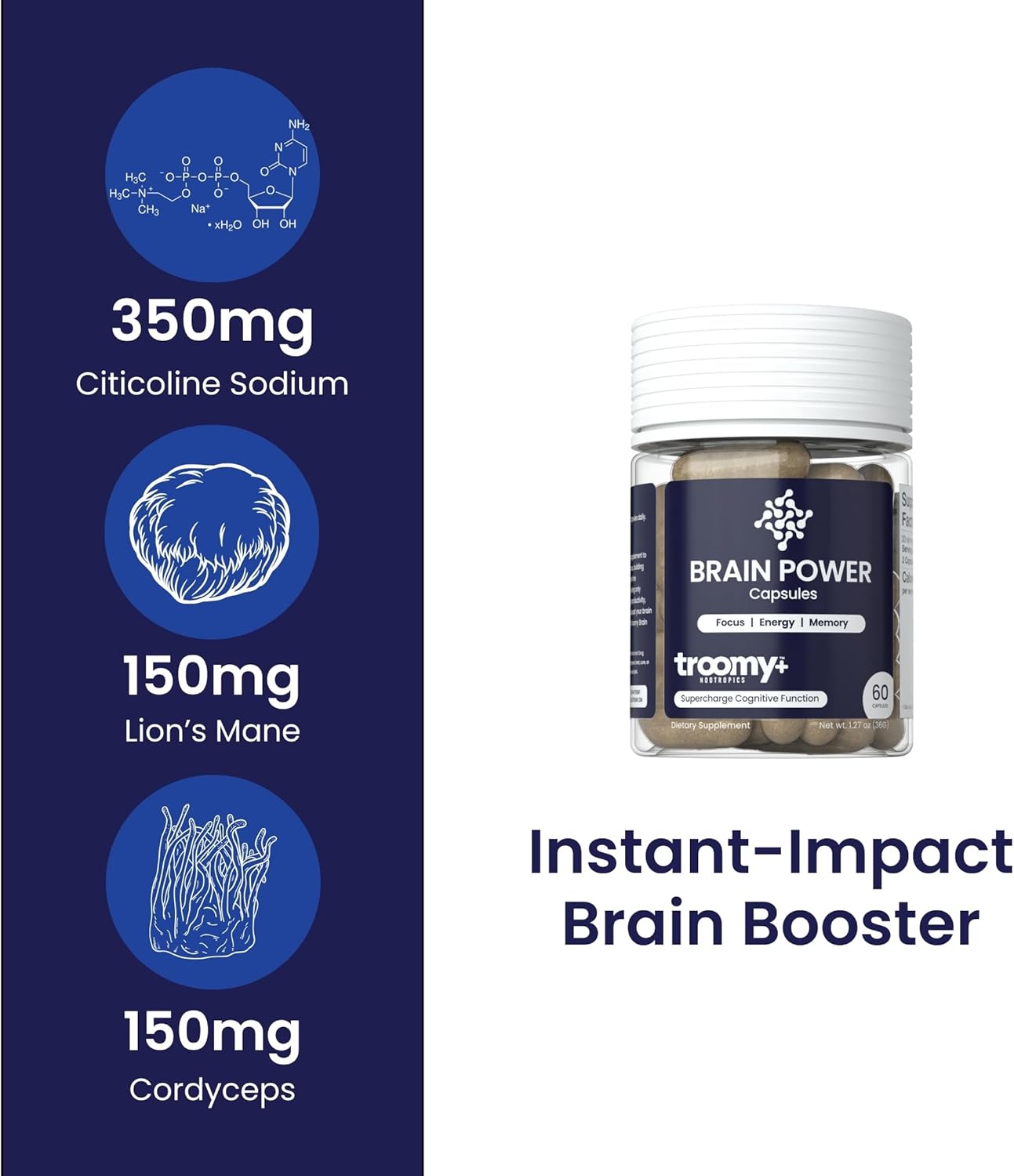 Troomy Brain Power - Focus and Memory Supplement for Brain | Citicoline, Lion's Mane, Cordyceps | Enhance Brain Function and Memory | - 60 Capsules