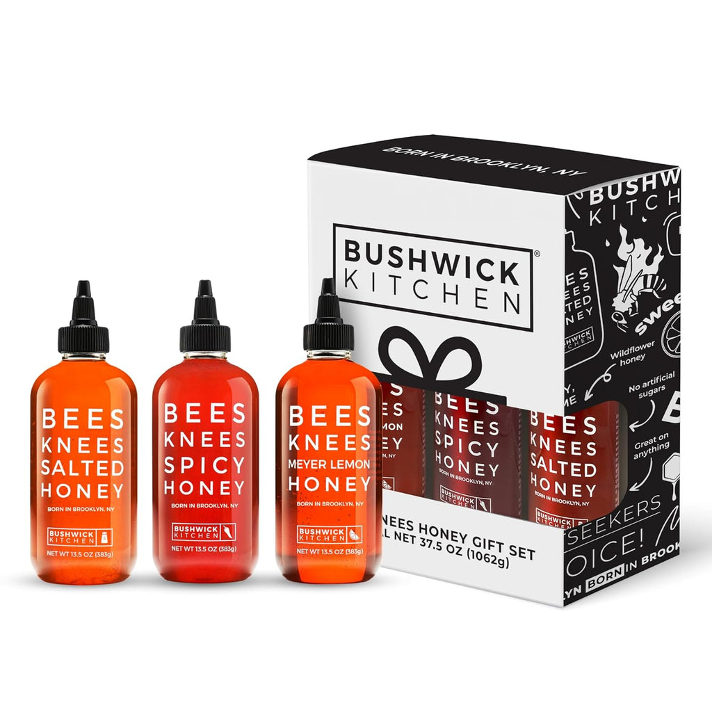 Bushwick Kitchen Bees Knees Honey Sampler Gift Box, Set Includes Spicy Honey, Meyer Lemon Honey, Salted Honey Sauces, Honey Inspired Recipes, Bushwick Kitchen Tea Towel, and Ready-to-Gift Box