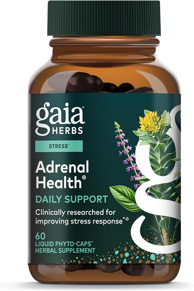 Gaia Herbs Adrenal Health Daily Support - Herbal Supplement with Ashwagandha, Holy Basil & Schisandra - Help Maintain Healthy Energy & Stress Levels* - 60 Vegan Liquid Phyto-Caps (30 Servings)