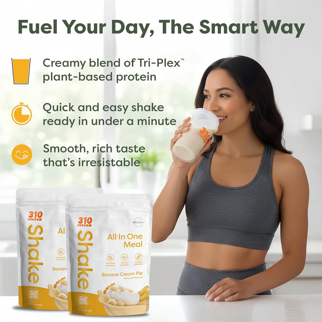 310 Nutrition All-in-One Plant-Based Meal Replacement Shake - High-Fiber Protein with Probiotics, Digestive Enzymes & Adaptogens - Vegan, Low Carb, Keto-Friendly Superfood Blend - Banana Cream Pie - 14 Servings
