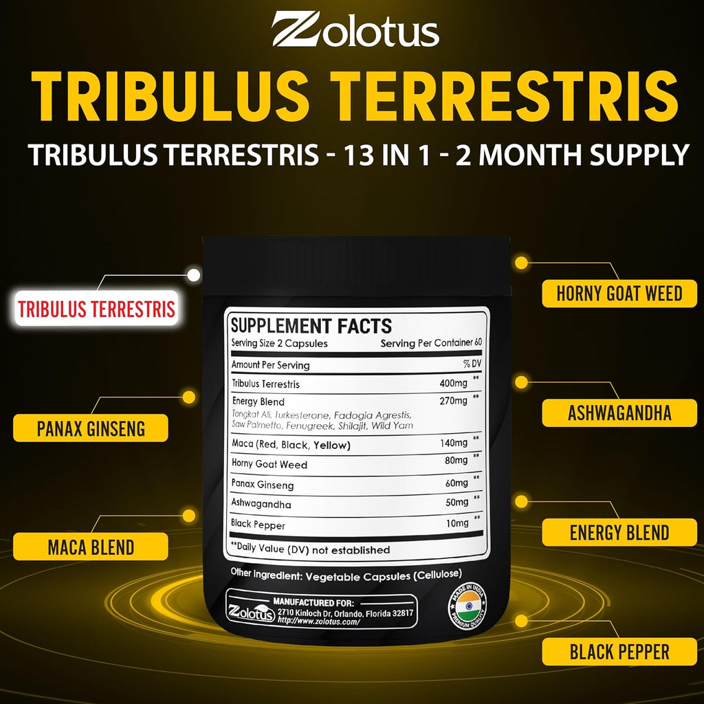Zolotus 13in1 Tribulus Terrestris Capsules with Maca, Horny Goat Weed, Panax Ginseng, Saw Palmetto, Tongkat Ali, Shilajit & More - Energy, Stamina Supplement for Men & Women - 120 Counts