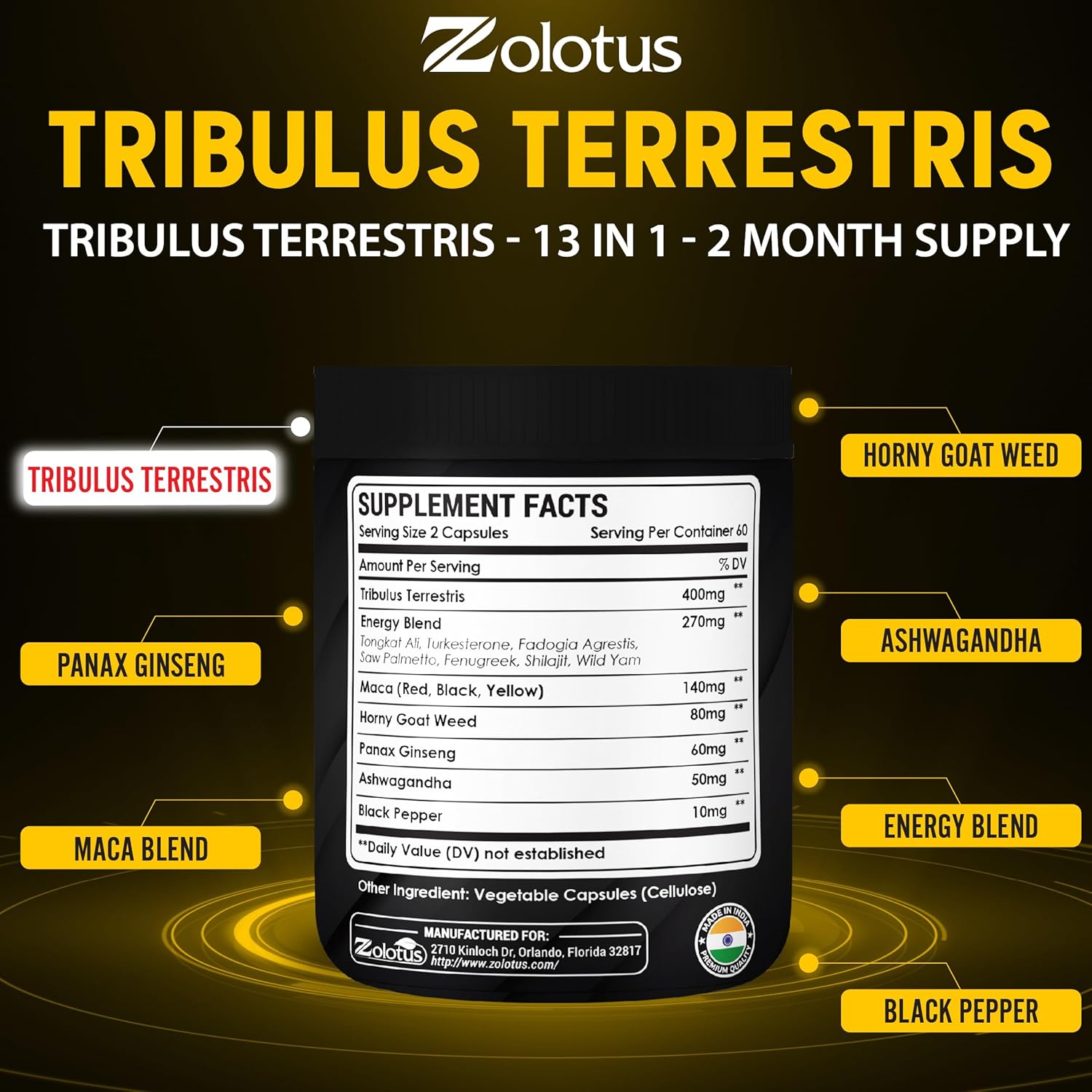 Zolotus 13in1 Tribulus Terrestris Capsules with Maca, Horny Goat Weed, Panax Ginseng, Saw Palmetto, Tongkat Ali, Shilajit & More - Energy, Stamina Supplement for Men & Women - 120 Counts