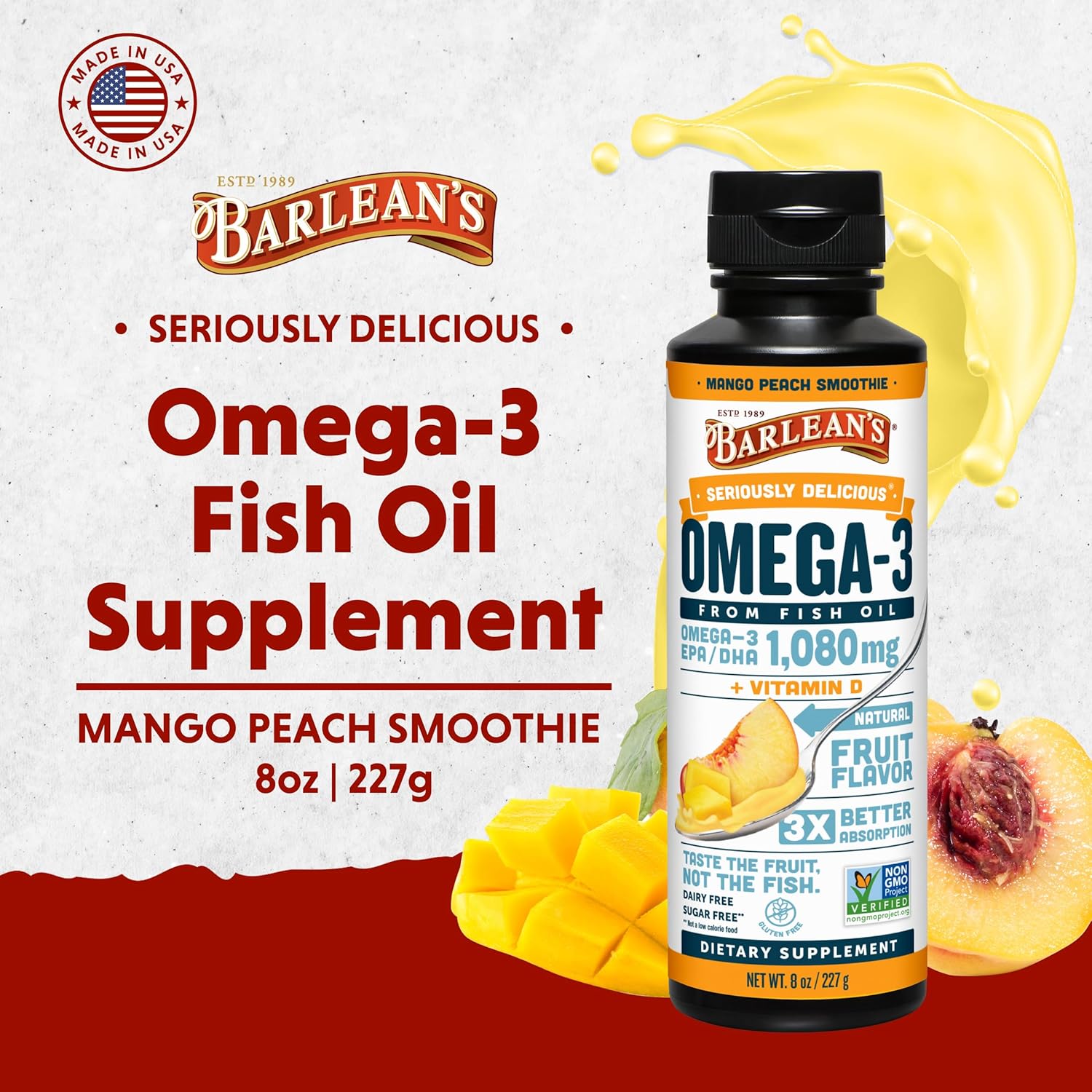 Barlean's Mango Peach Omega 3 Fish Oil Liquid Supplement with Vitamin D, 1080mg EPA & DHA Fatty Acid, Smoothie Flavored & Burpless for Brain, Joint, & Heart Health, 8 oz