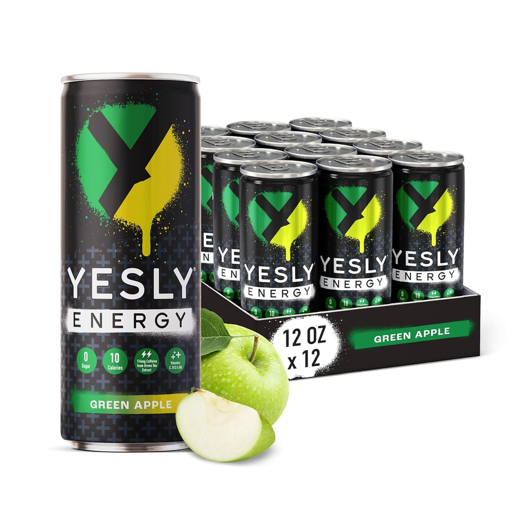 Yesly Energy Drink, Green Apple, Naturally Flavored Sparkling Energy Drink With Electrolytes, Magnesium, Potassium, Vitamin C, B6 & B12, Natural Caffeine From Green Tea, 12 Fl Oz Cans, 12 Pack