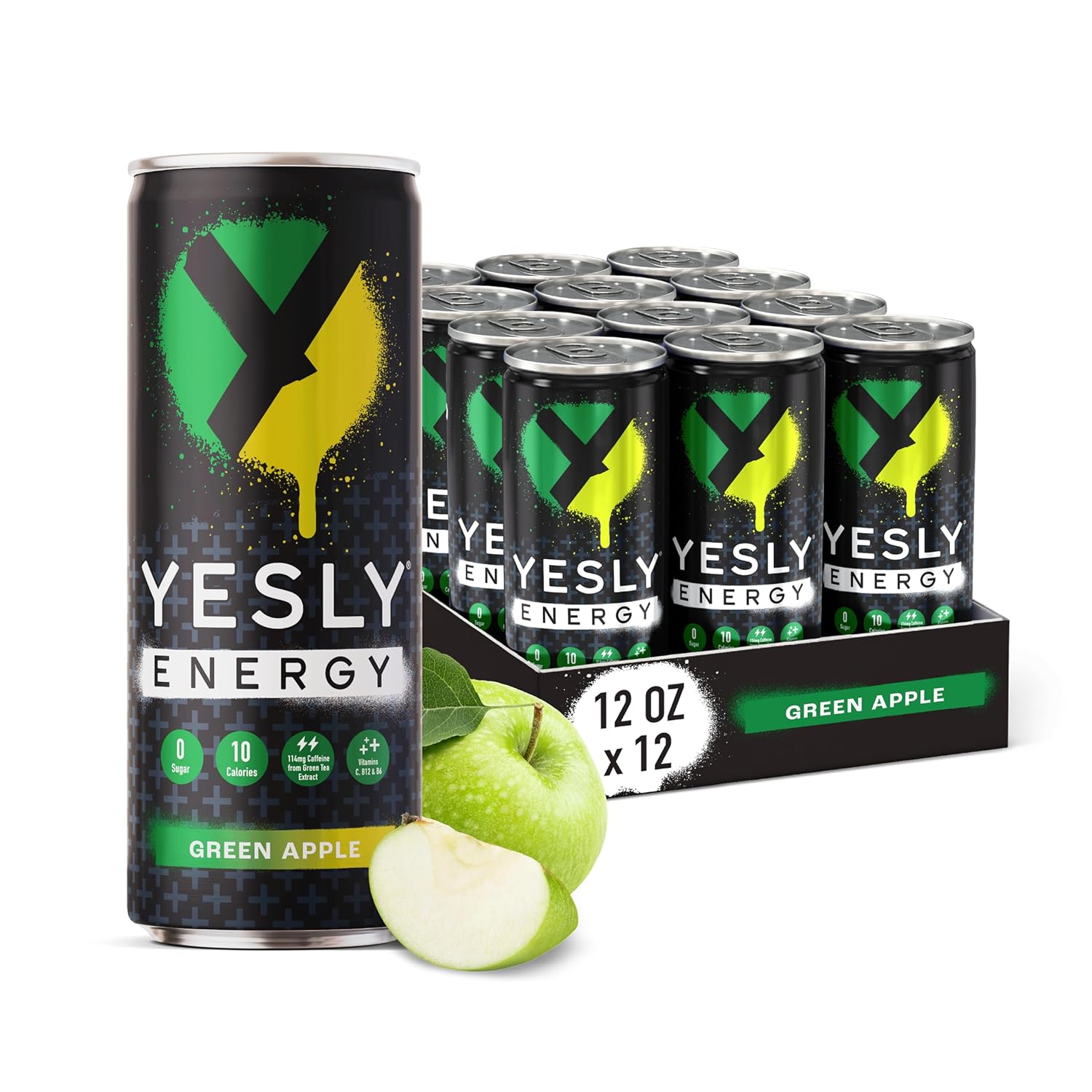 Yesly Energy Drink, Green Apple, Naturally Flavored Sparkling Energy Drink With Electrolytes, Magnesium, Potassium, Vitamin C, B6 & B12, Natural Caffeine From Green Tea, 12 Fl Oz Cans, 12 Pack