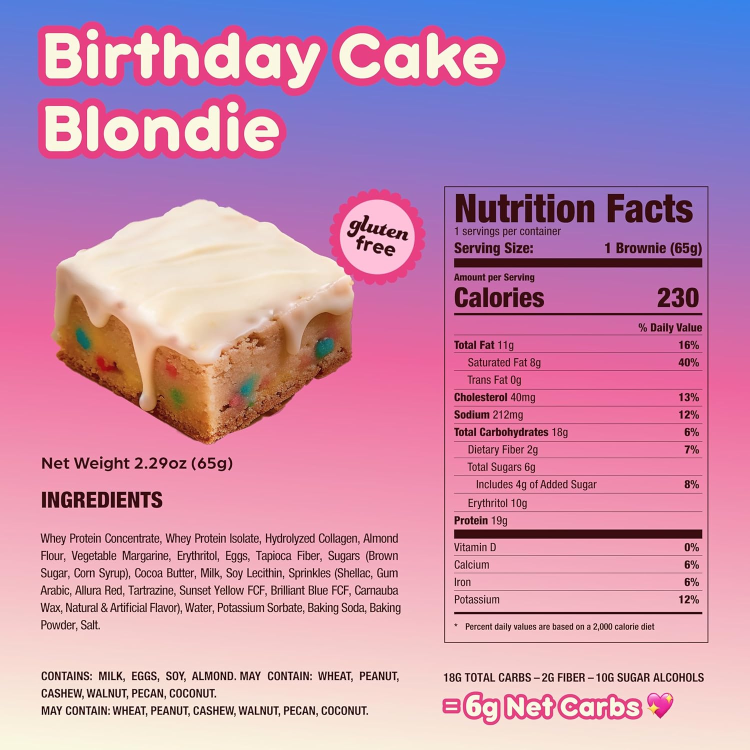 Prime Bites Protein Brownie from Alpha Prime Supplements | High Protein, Collagen Fortified Low Sugar Treat | Delicious Snack | 12 Bars per Box (Birthday Cake Blondie)