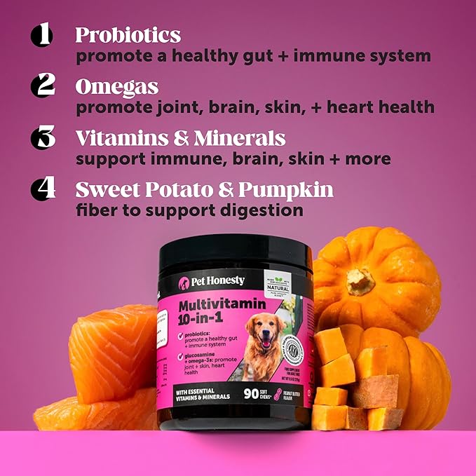 Multivitamin Dog Supplement - Glucosamine Chondroitin for Dogs, Probiotics, Omega Fish Oil, Dog Supplements & Vitamins, Vitamins for Skin and Coat Allergies, (Peanut Butter 90 ct)