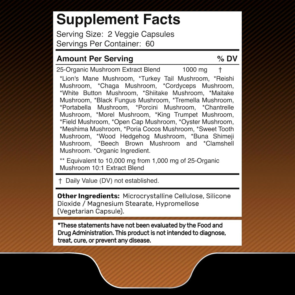 WELLNESS LABSRX Mushroom Supplement Capsules 10:1 Extract, Mushroom Complex Capsules 1000mg, Lions Mane Supplement with Turkey Tail, Cordyceps, Reishi - 2 Pack