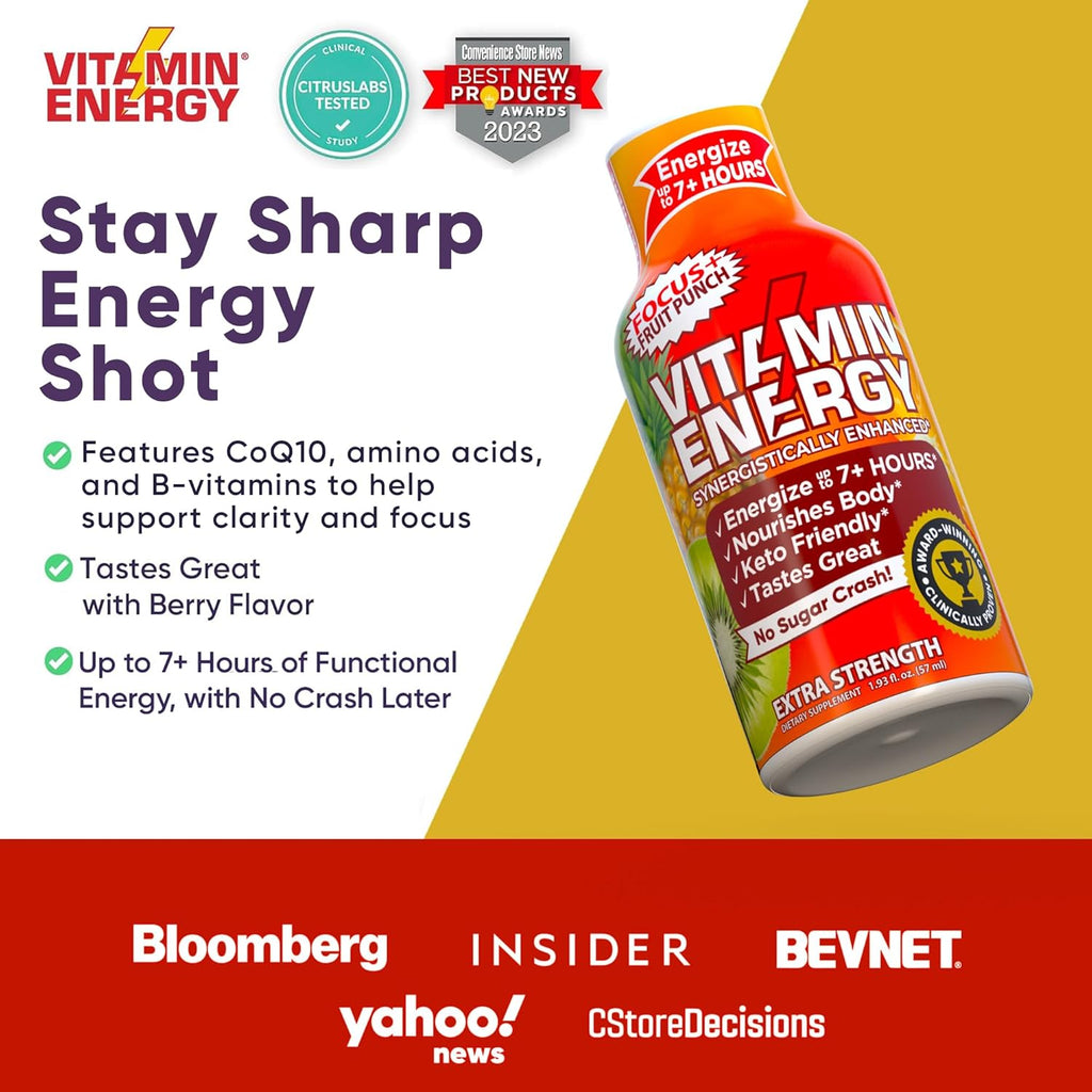 Vitamin Energy Focus+ Extra Strength Energy Shot Fruit Punch 10 Pack, 260mg Natural Caffeine, B-Vitamins, CoQ10, Amino Acids, Focus, Productivity & Clarity, Zero Sugar, Gluten-Free, 1.93 fl oz
