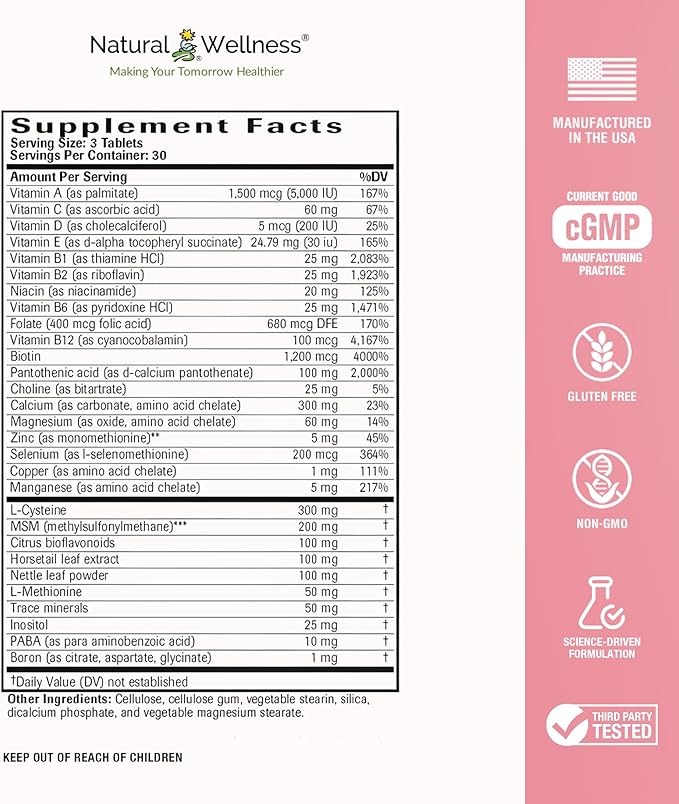 Natural Wellness Hair, Skin & Nails Supplement – Biotin Hair Growth Vitamins, Essential Minerals & Antioxidants – Supports Healthy Hair Growth, Strong Nails & Glowing Skin – 90 Tablets, 1 Month Supply