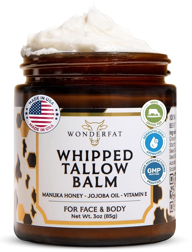 Grass-Fed Whipped Tallow Balm – Face & Body Moisturizer with Manuka Honey – Lightweight, Fast-Absorbing Hydration for Dry, Sensitive Skin – Unscented, Clean Formula – 3 oz