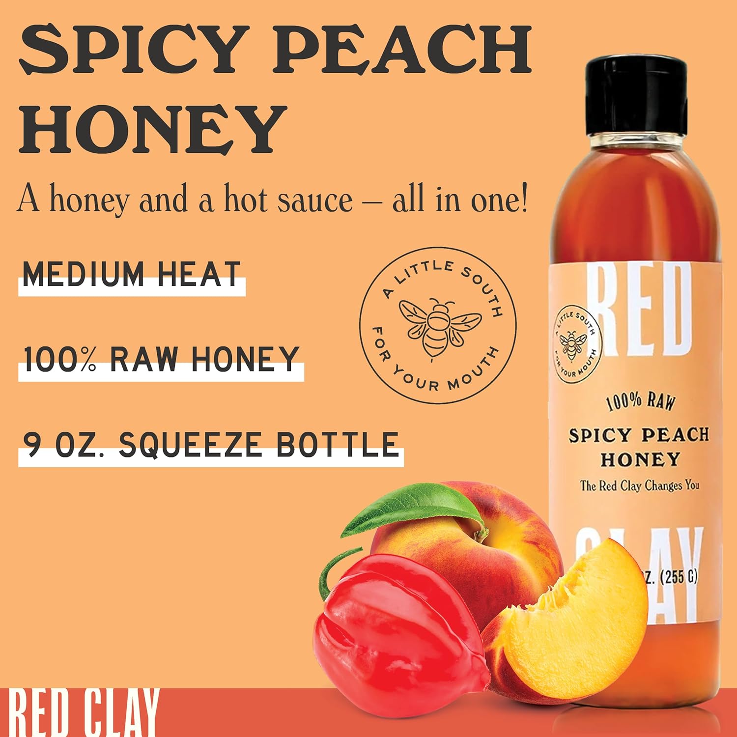 Hot Spicy Peach Honey by Red Clay Hot Sauce, Gluten Free, Paleo Friendly, Raw Wildflower Honey Infused with Real Peach Juice and Habanero Peppers, Sustainably Sourced, Medium Heat, Made in USA, 9 oz
