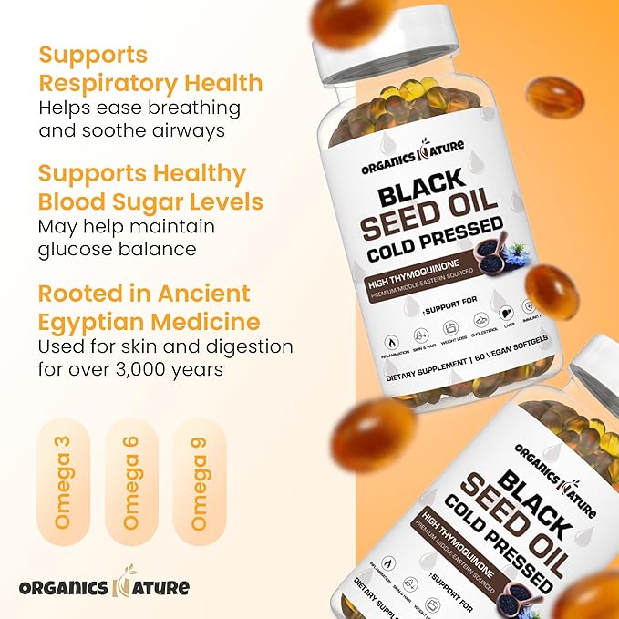 ORGANICS NATURE Black Seed Oil Cold Pressed Capsules - Immunity Support, Black Cumin Seed Oil, High Thymoquinone, Non-GMO & Vegan, Nigella Sativa, Omega 3 6 9, 1000MG Per Serving, 60 Softgels