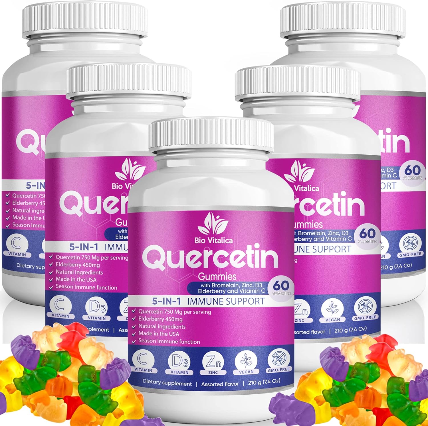 Quercetin Gummies by BioVitalica - Quercetin with Bromelain Vitamin C and Zinc & Elderberry + Vitamin D3-5 in 1 Immune Support - Zinc Quercetin 750 mg for Kids and Adult (5, Quercetin)