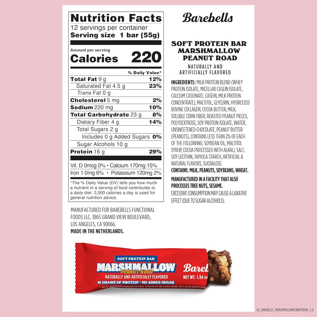 Barebells Soft Protein Bars Marshmallow Peanut Road – 24 Bars Total (2 Packs of 12) – High Protein Snacks with 16g of Protein, Fluffy Chocolate Nutritional Treat, No Added Sugar, Breakfast Bars