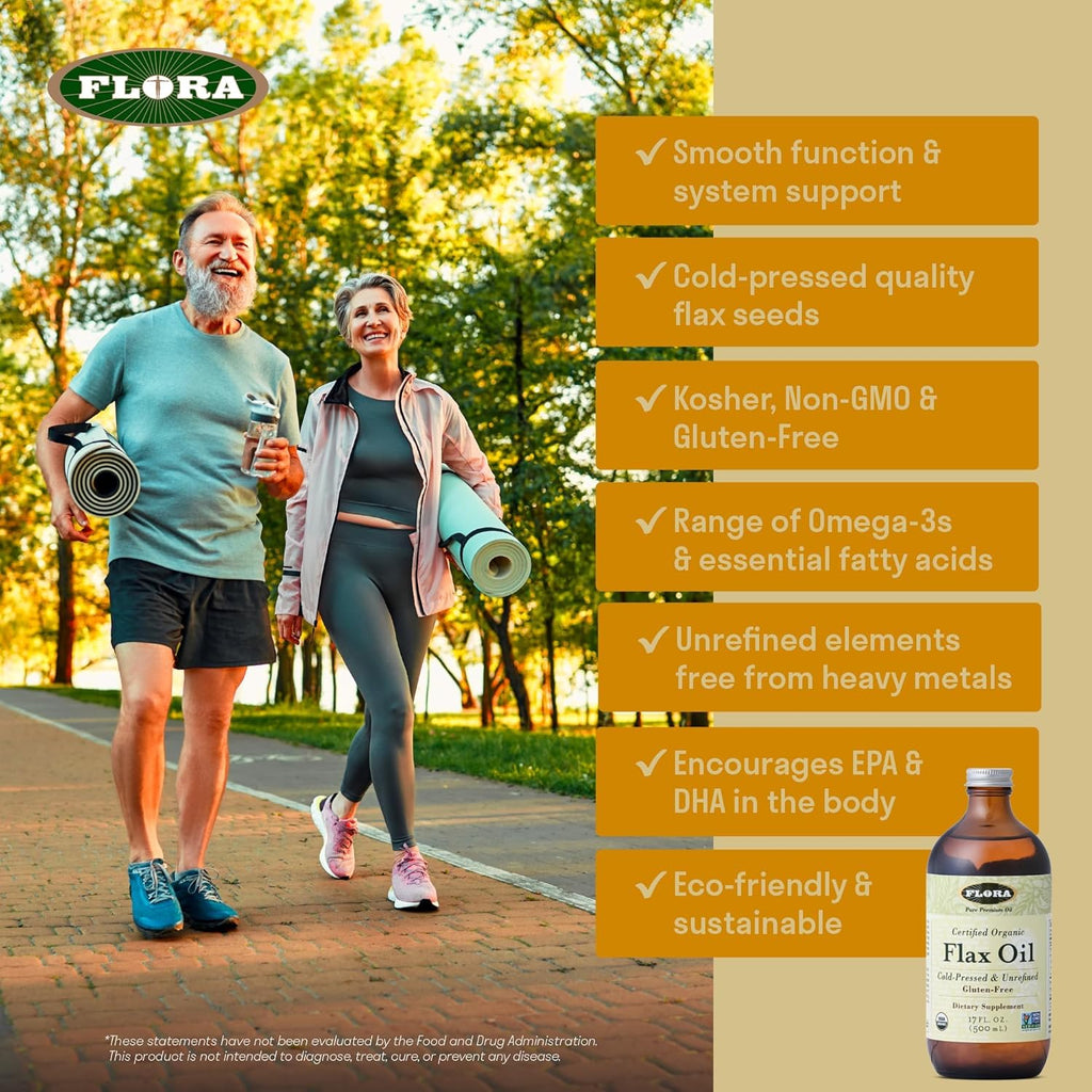 Flora - Flax Oil - Cold-Pressed, Unrefined, Organic Flax Seed Oil - Contains Omega-3 & Omega-6 - Non-GMO & Gluten-Free - Keep Chilled - 32 fl. oz. Amber Glass Bottle