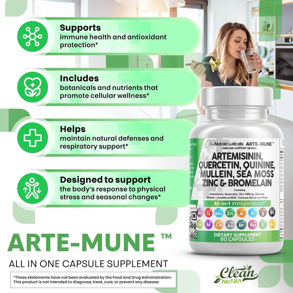 Clean Nutraceuticals Artemisinin Quercetin Zinc Mullein Quinine Supplement with Sea Moss Bromelain Ashwagandha Root Nettle Leaf Bladderwrack Burdock Root Monolaurin Colostrum Rutin