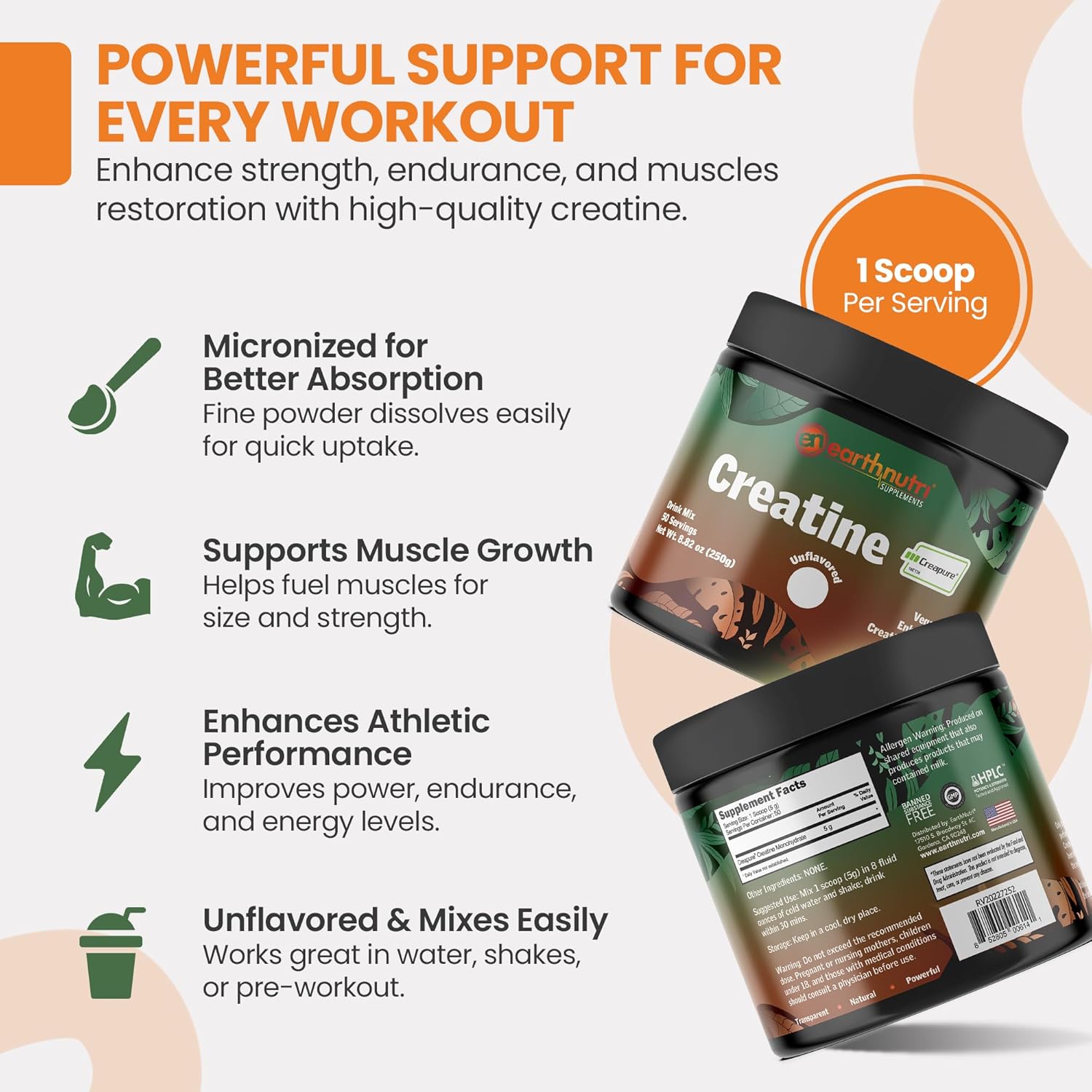 EarthNutri Creatine Monohydrate Powder - Pure Creatine Supplement for Muscle Strength, Strength & Performance – Non-GMO, Sugar-Free, Additive-Free – for Men & Women, Unflavored 250g