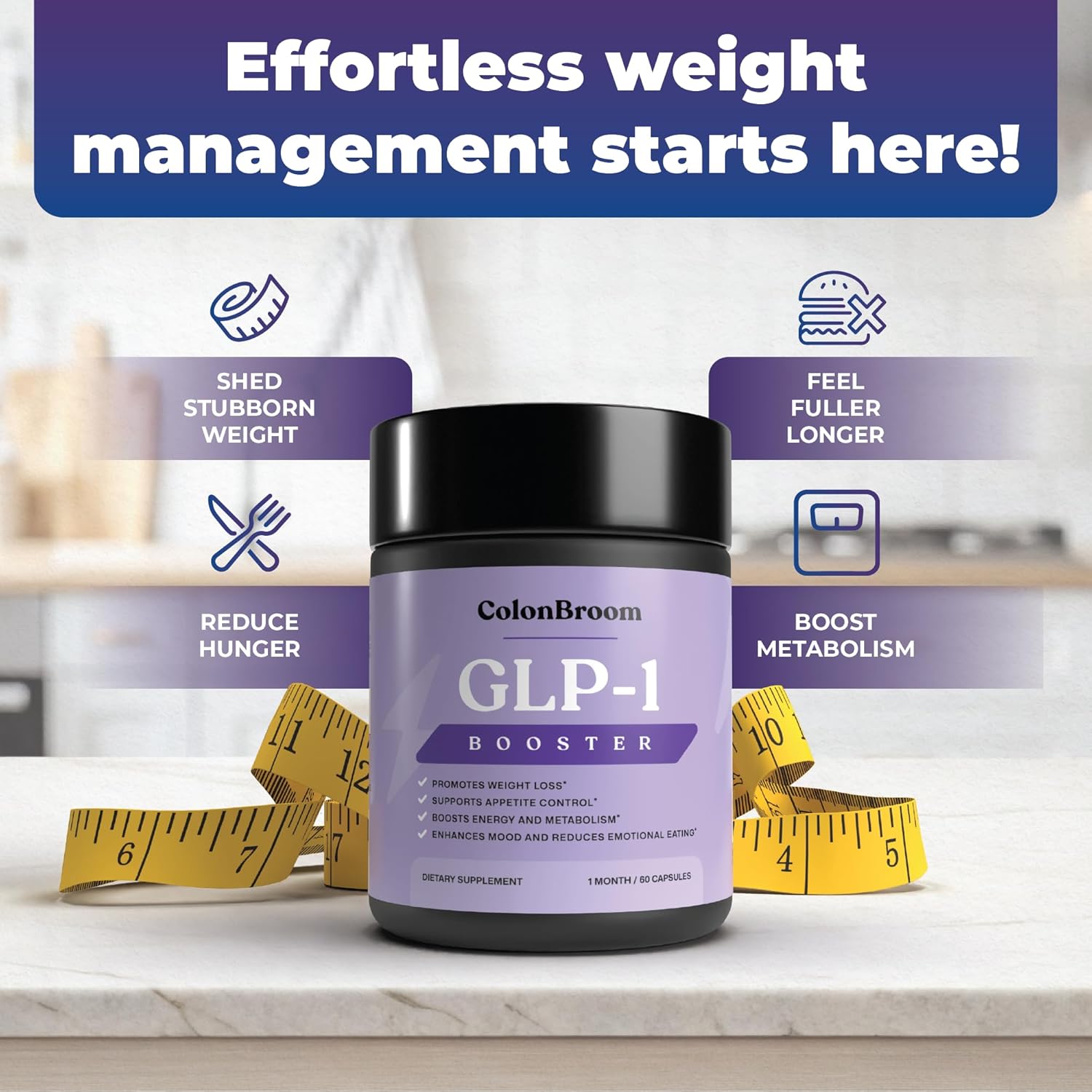 ColonBroom GLP-1 Weight Management Supplement for Women & Men - GLP1 Supports Gut Health, Metabolic Wellness & Appetite Regulation - Vegan, Gluten-Free Diet Fiber Capsules | 120 Count (New Formula)