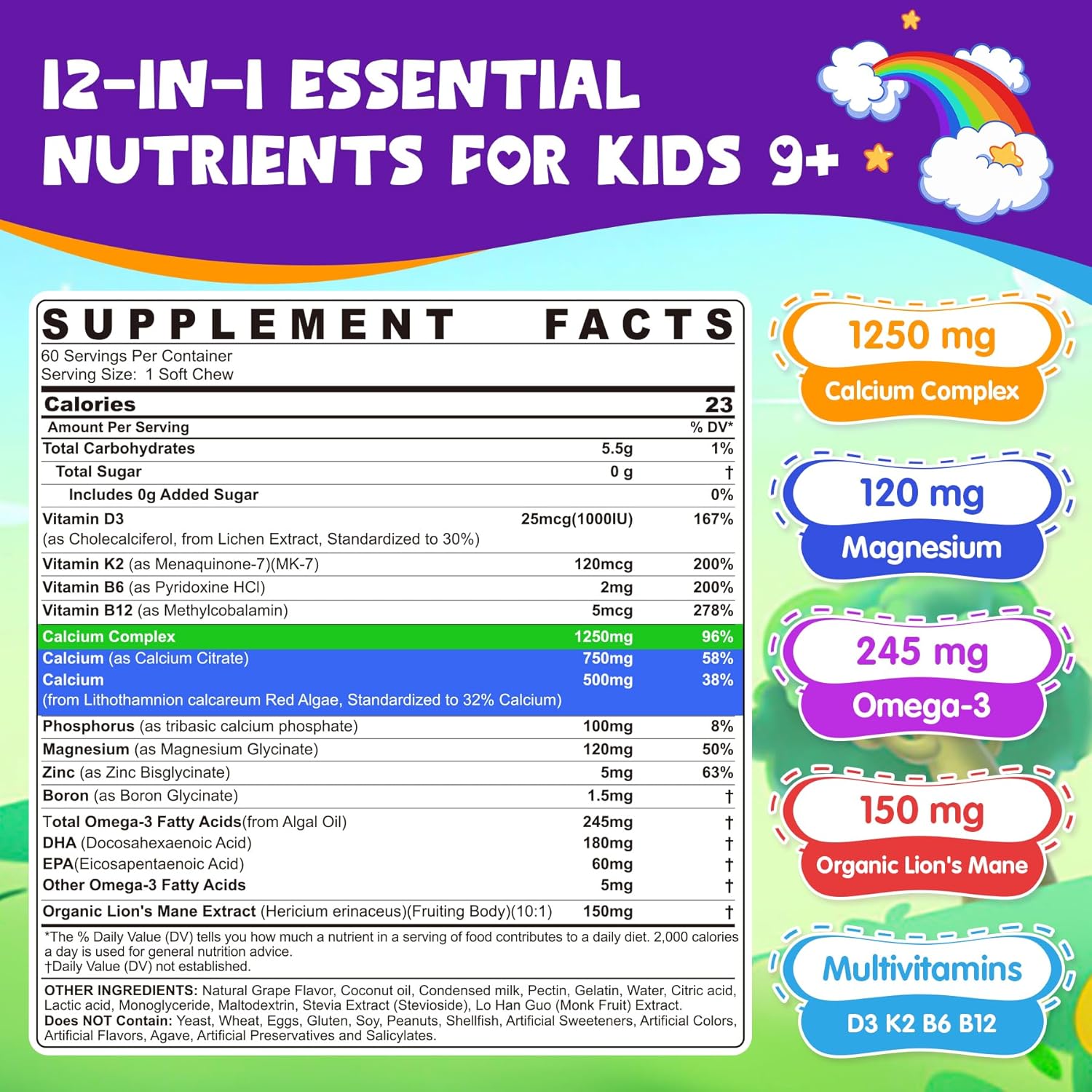 Kids Calcium Soft Chews + D3 & K2 for 9+, Calcium Gummies with Calcium Citrate & Red Algae Calcium, Lion's Mane, Omega-3, Magnesium for Bone Health, Teeth, Energy, Brain & Mṍṍd Support, 60Cts