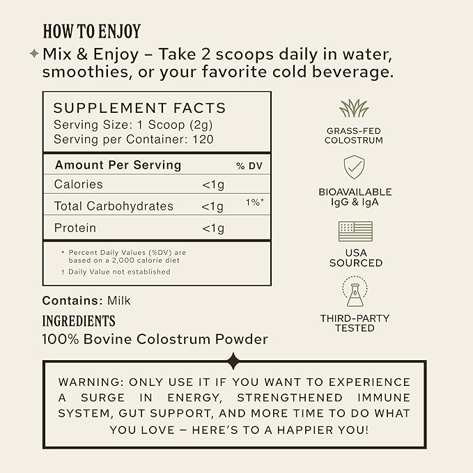 Colostrum Powder with IgG Antibodies – Unflavored Dietary Supplement, Clean Formula, Whole Food Nutrition – 60 Servings