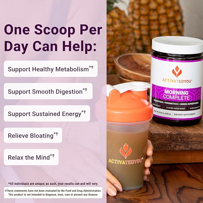 ActivatedYou Morning Complete Super Greens Powder Drink Mix - Gut Health Boost with Prebiotics, Probiotics, & Antioxidants - 10 Billion CFUs, Mixed Berry Flavor Greens Superfood Powder - 30 Day Supply