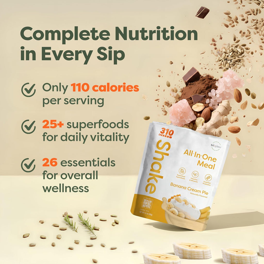 310 Nutrition All-in-One Plant-Based Meal Replacement Shake - High-Fiber Protein with Probiotics, Digestive Enzymes & Adaptogens - Vegan, Low Carb, Keto-Friendly Superfood Blend - Banana Cream Pie - 14 Servings