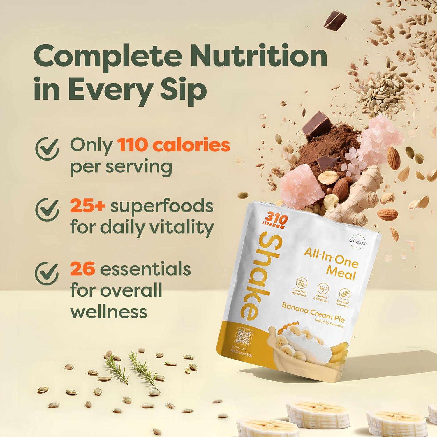 310 Nutrition All-in-One Plant-Based Meal Replacement Shake - High-Fiber Protein with Probiotics, Digestive Enzymes & Adaptogens - Vegan, Low Carb, Keto-Friendly Superfood Blend - Banana Cream Pie - 14 Servings