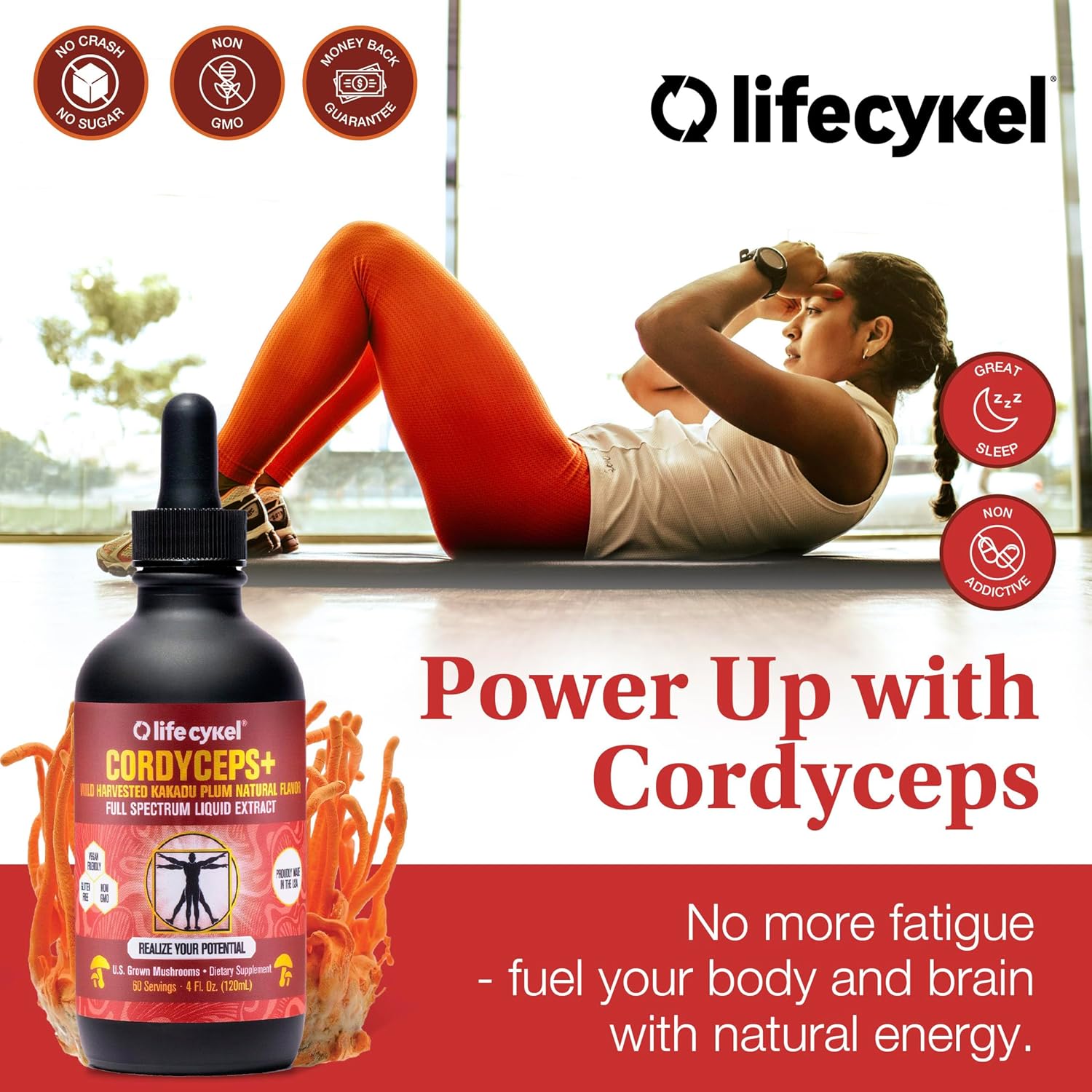Lifecykel Cordyceps Mushroom Extract with Kakadu Plum - Energy, Stamina & Vitality Support, Natural Aging Supplement - Non-GMO and Vegan Tincture - 1Fl Oz