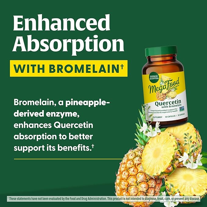 MegaFood Quercetin with Bromelain Supplement, Respiratory & Seasonal Immune Support Supplement, Quercetin 500mg Capsules & Enhanced Absorption, Vegan, Gluten-Free, 60 Capsules, 30 Servings
