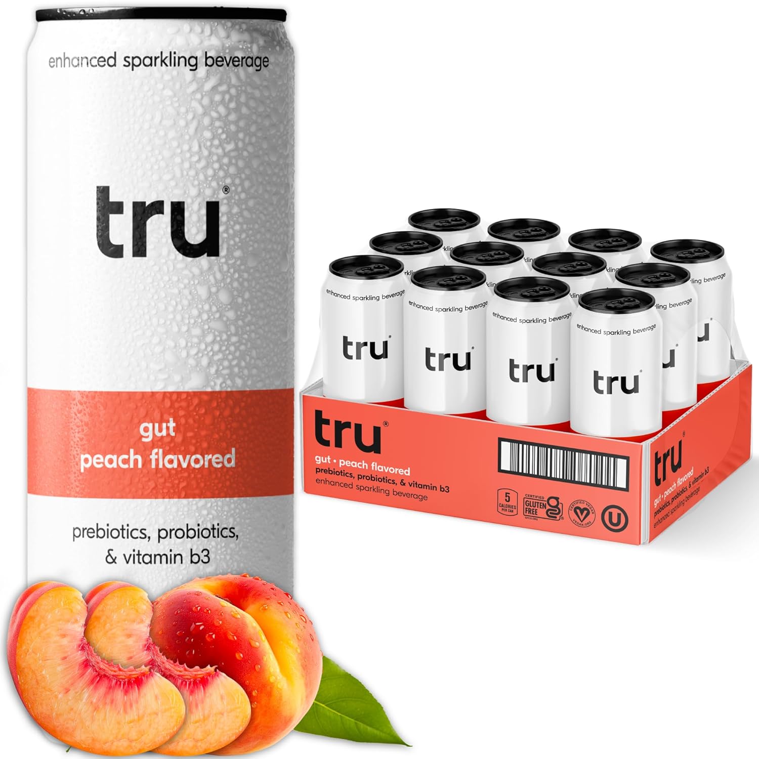 Tru Gut Seltzer, Sparkling Water with Prebiotics, Probiotics & Vitamin B3, Peach Juice & Natural Flavor, Lightly Carbonated, Gluten Free, Vegan, Caffeine Free, Low Calorie, 12 FL OZ Cans, 12 Pack