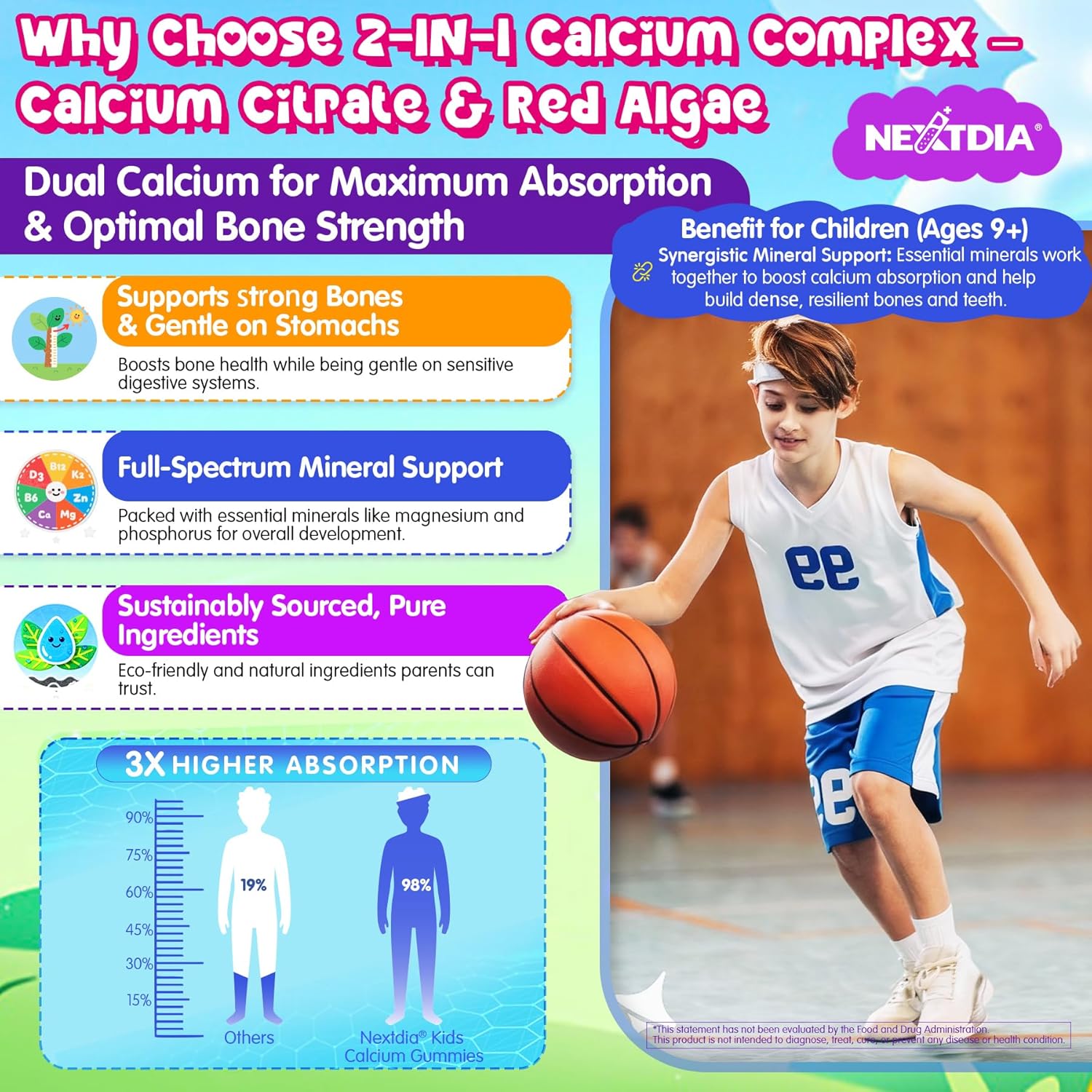 Kids Calcium Soft Chews + D3 & K2 for 9+, Calcium Gummies with Calcium Citrate & Red Algae Calcium, Lion's Mane, Omega-3, Magnesium for Bone Health, Teeth, Energy, Brain & Mṍṍd Support, 60Cts