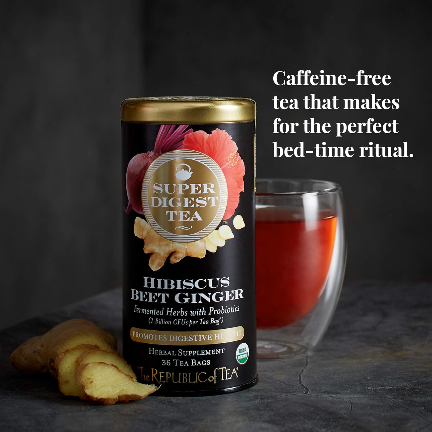 The Republic of Tea Organic Hibiscus Beet Ginger SuperDigest Tea® Herbal | Probiotic Tea Bag (36 count)