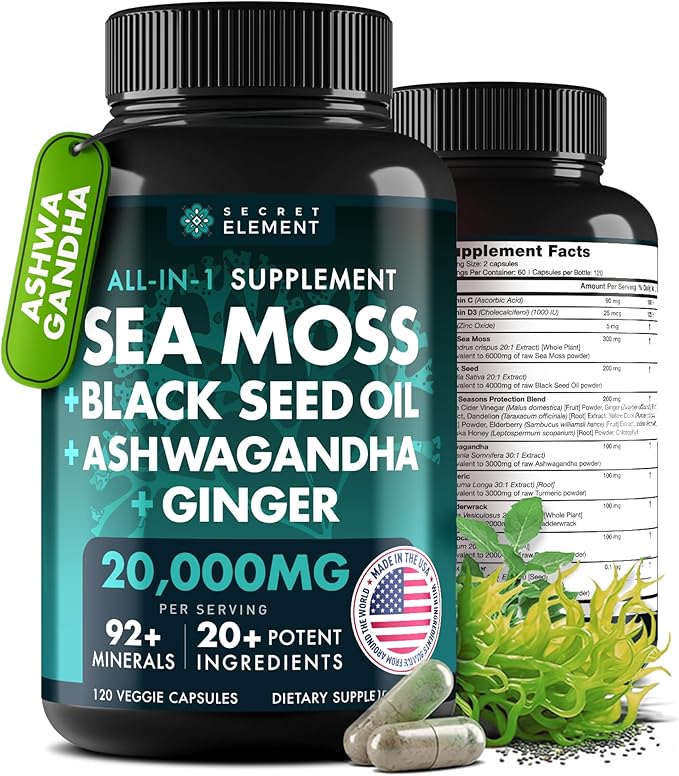 Secret Element Irish Sea Moss Black Seed Oil Ashwagandha Ginger, 20,000mg Capsules, Seamoss Black Seed Oil Ashwagandha Burdock Root, All in One Supplement, 120 Capsules
