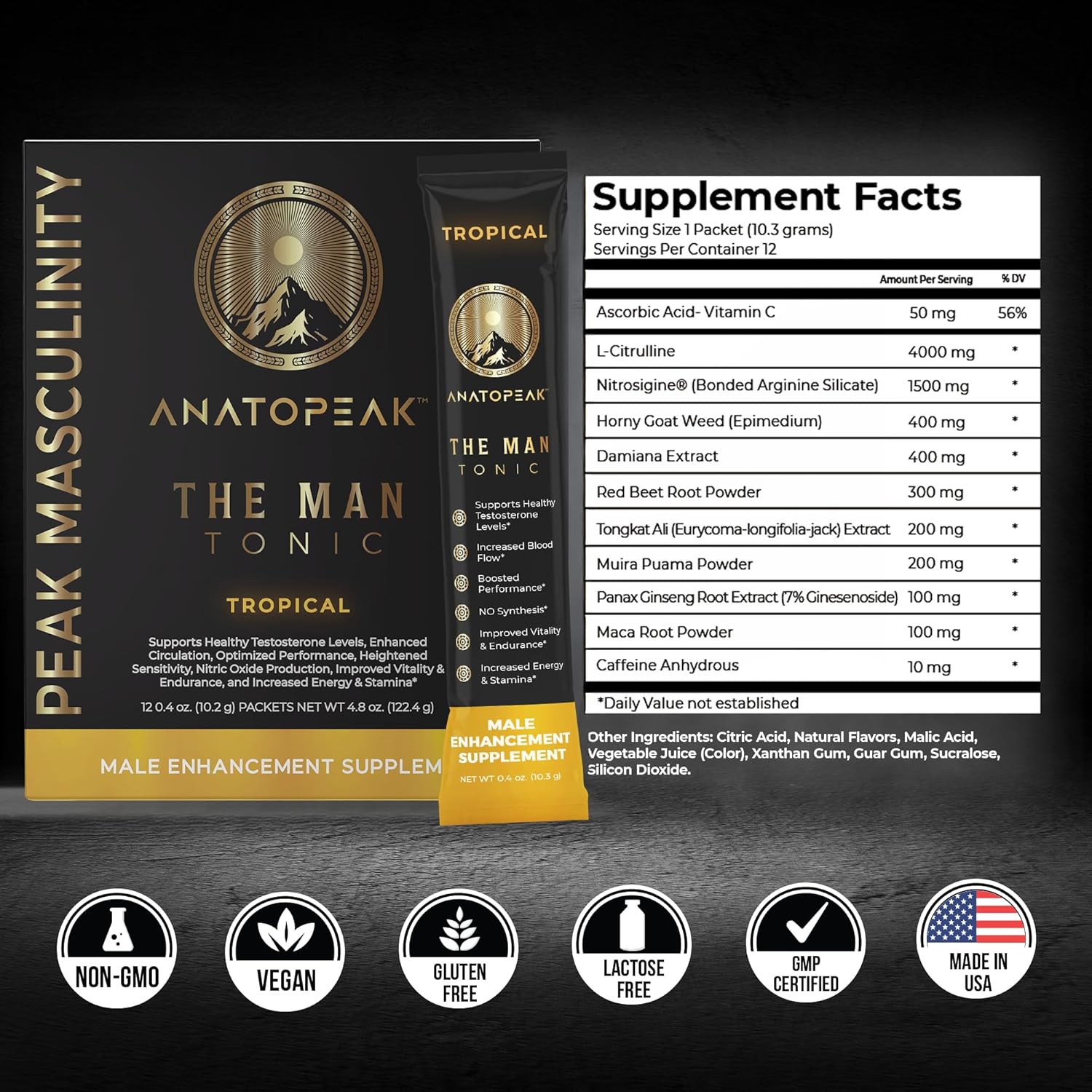 Male Enhancing Supplement Powder – Testosterone Supplement for Men with Tongkat Ali, Maca Root, Horny Goat Weed Powder, Beet Root & L-Citrulline – Nitric Oxide Booster (1 Stick Pack) - Tropical