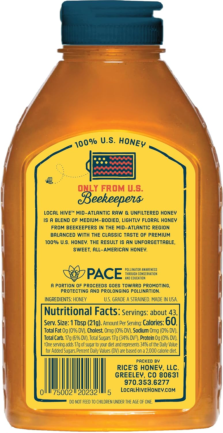 Local Hive Mid-Atlantic Raw & Unfiltered – 32 oz | 100% Pure U.S. Honey | Natural Sweetener Sourced from American Bees & Beekeepers | Medium-Bodied Light Floral Flavor | Ideal for Tea, Baking & Cooking