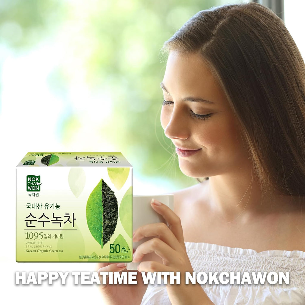 [Nokchawon] Organic Pure Green Tea 50 Tea Bags - Specially Roasted Korean Organic Green Tea, Delicate Flavor & Aroma