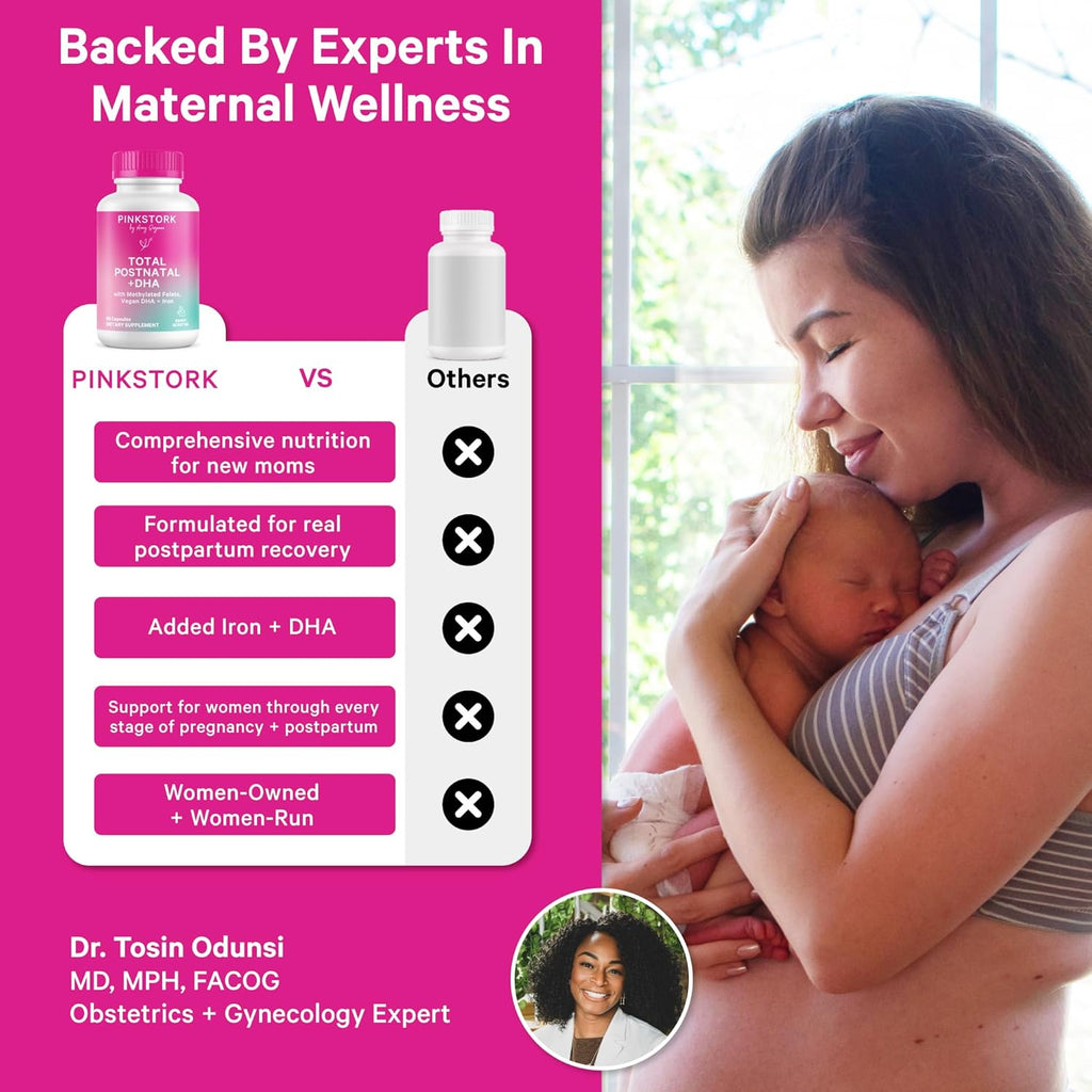 Pink Stork Total Postnatal Vitamins for Women with Vegan DHA, Iron, Folate, and Vitamin B12, Postpartum Recovery Essentials, Daily Supplement for Breastfeeding Moms - 3 Month Supply