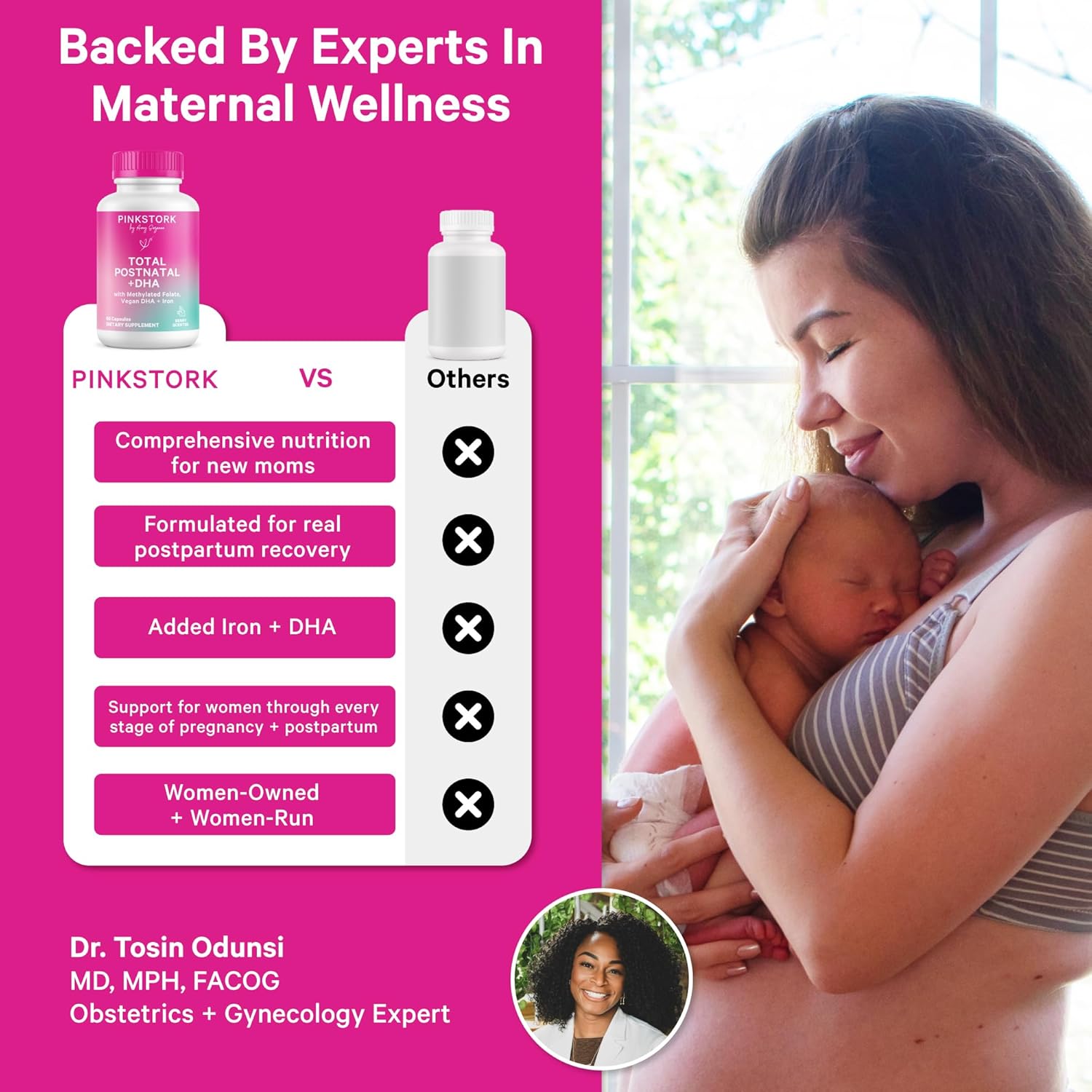 Pink Stork Total Postnatal Vitamins for Women with Vegan DHA, Iron, Folate, and Vitamin B12, Postpartum Recovery Essentials, Daily Supplement for Breastfeeding Moms - 3 Month Supply