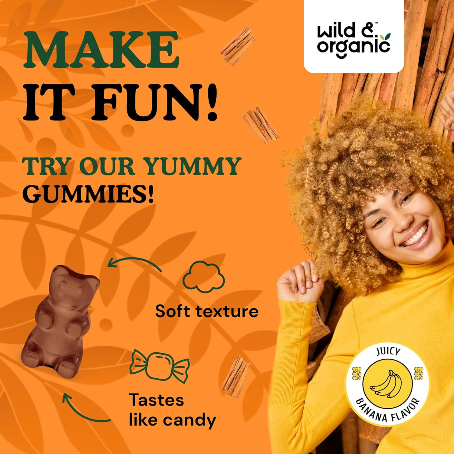 Wild & Organic Ceylon Cinnamon Gummies 1800mg - Antioxidants Support w/Cinnamon, Turmeric Root, Ginger - 60 Vegan, Non-GMO Chews