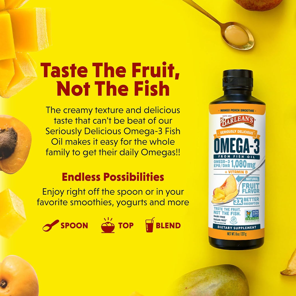 Barlean's Mango Peach Omega 3 Fish Oil Liquid Supplement with Vitamin D, 1080mg EPA & DHA Fatty Acid, Smoothie Flavored & Burpless for Brain, Joint, & Heart Health, 8 oz