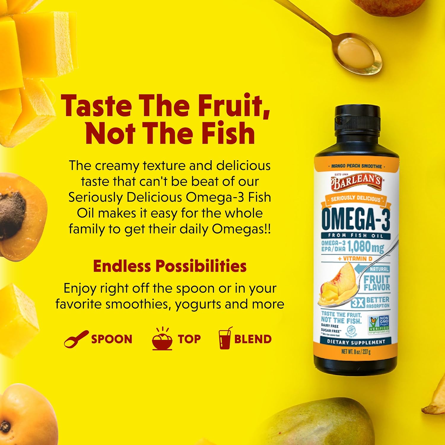 Barlean's Mango Peach Omega 3 Fish Oil Liquid Supplement with Vitamin D, 1080mg EPA & DHA Fatty Acid, Smoothie Flavored & Burpless for Brain, Joint, & Heart Health, 8 oz